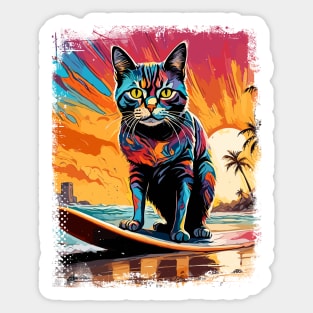 Cat Surfing Cute Colorful Comic Illustration Sticker